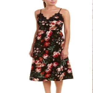 NWT Foxiedox Black Red Floral Lace Hem V Neck Slip Dress Size Small